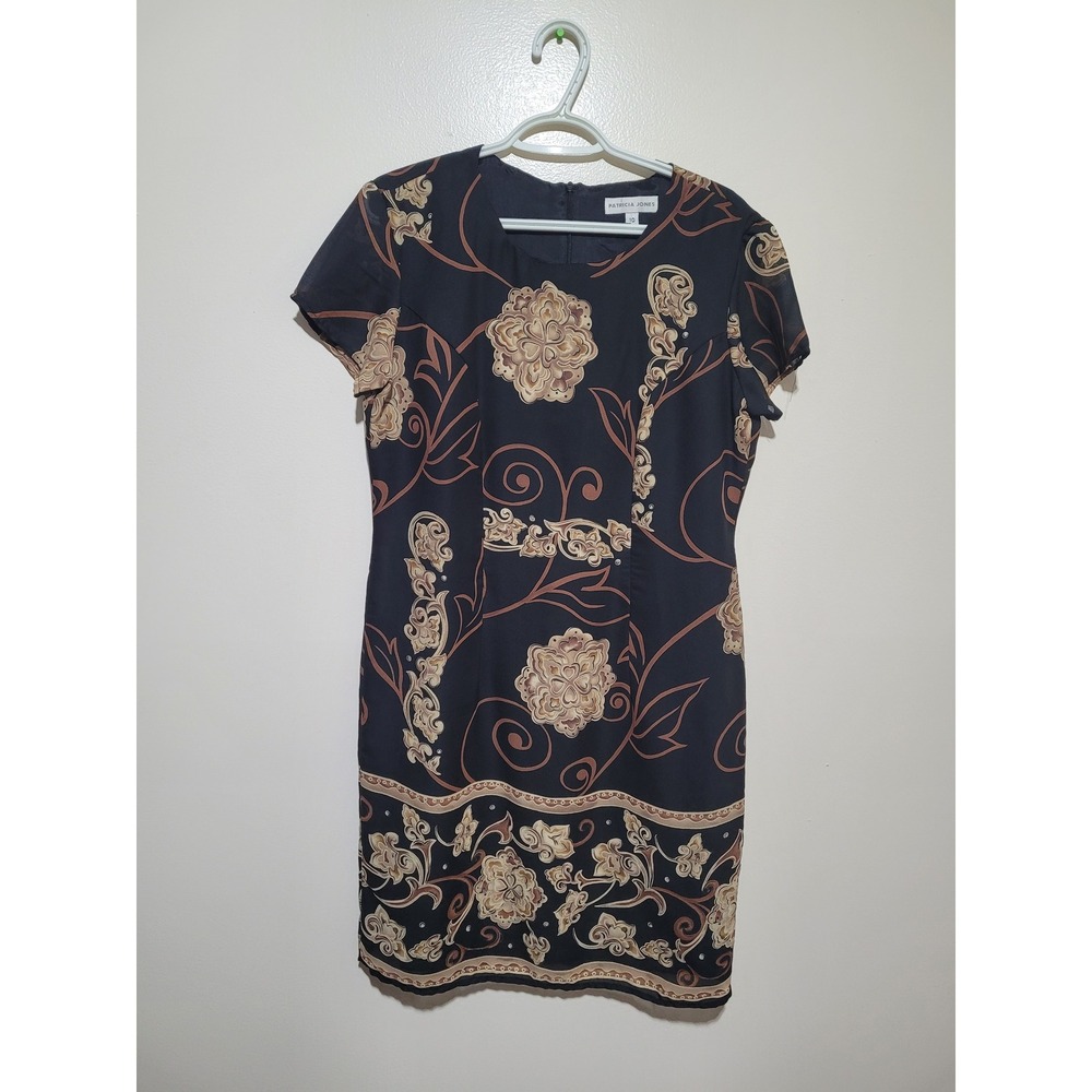 Patricia Jones Womens Black Floral Print Short Sleeve‎ Sheath Dress Size 10